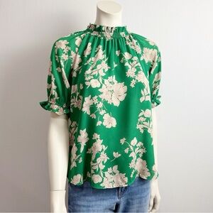 Sienna Sky Floral Ruffle Blouse Mock Neck Short Sleeves Green X-Small